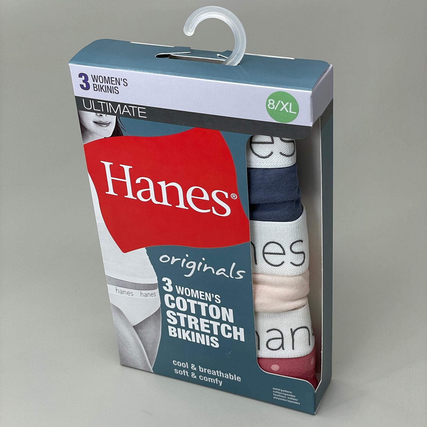 HANES 3 PACK!! Originals Women's Breathable Cotton Bikini Underwear Sz 8/XL Blue/Buff/Pink 45UOBK