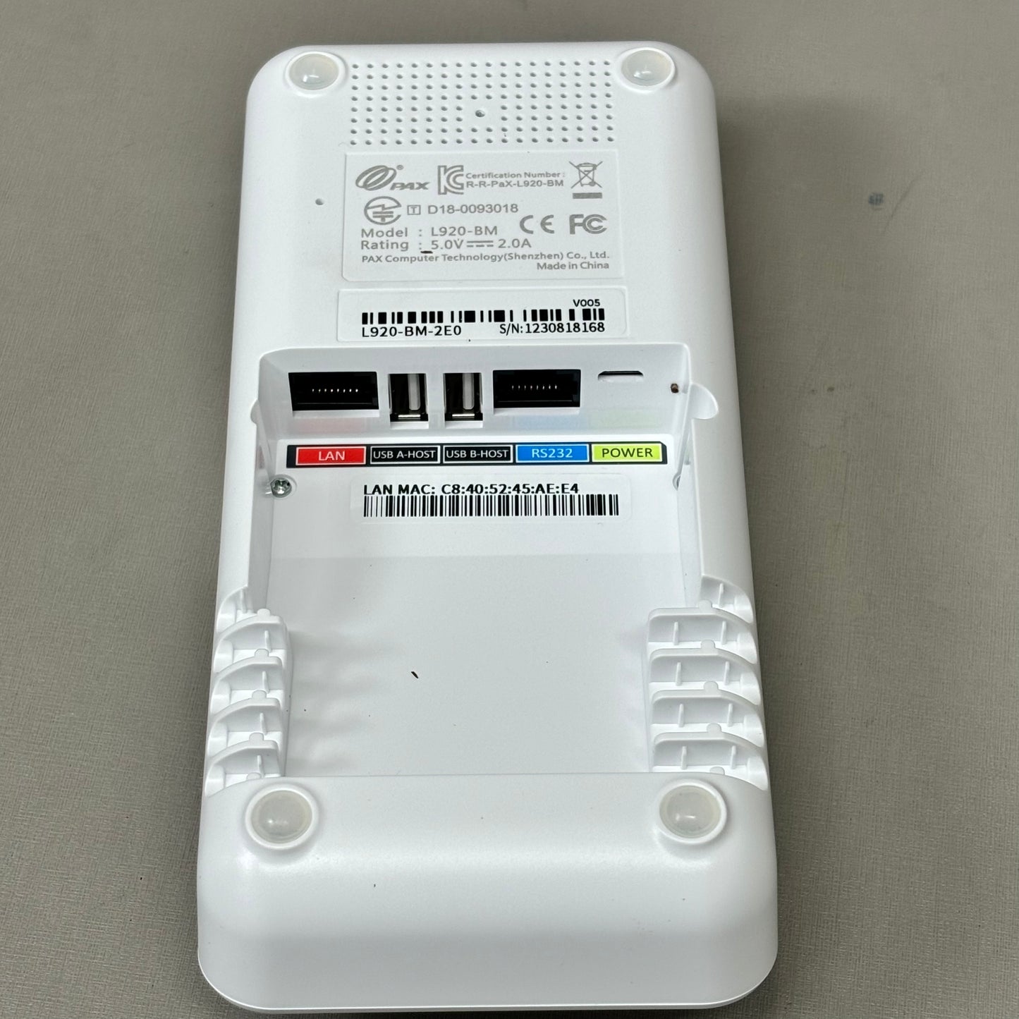 PAX Efficient Charging Dock w/ Ethernet & USB 920 Android Terminal White L920-BM