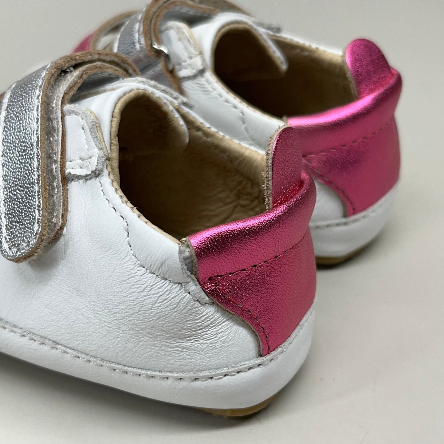 OLD SOLES Baby 2 Straps Leather Shoe Sz 4 EU 20 Snow/Fuchsia Foil/Silver #0060R