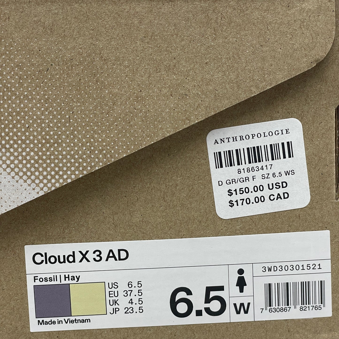 ON Cloud X 3 AD Breathable Ultra-Agile Shoe Women's Sz 6.5 Fossil/Hay 3WD30301521