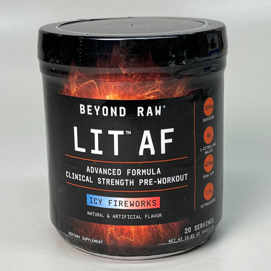 BEYOND RAW Lit AF Advanced Formula Pre-Workout Icy Fireworks 15.65 oz. 443.6g 369710  (New)