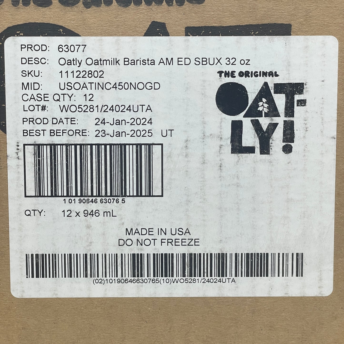 OATLY (12 PACK) Barista Edition Oat Milk 32 fl oz Plant-Based BB 01/25 11122802