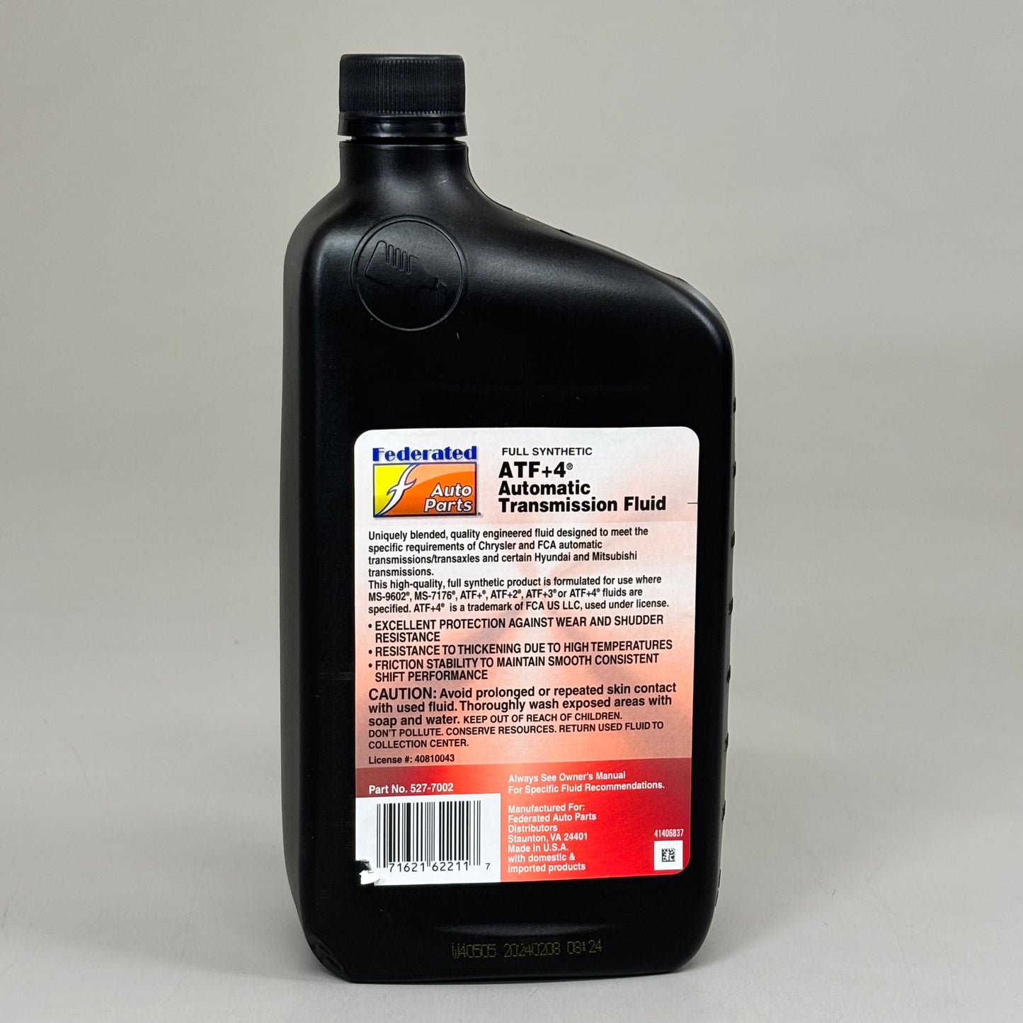 FEDRATED (6 PACK, 1 QUART EACH) Auto Parts Full Synthetic ATF+4 Oil 527-7002