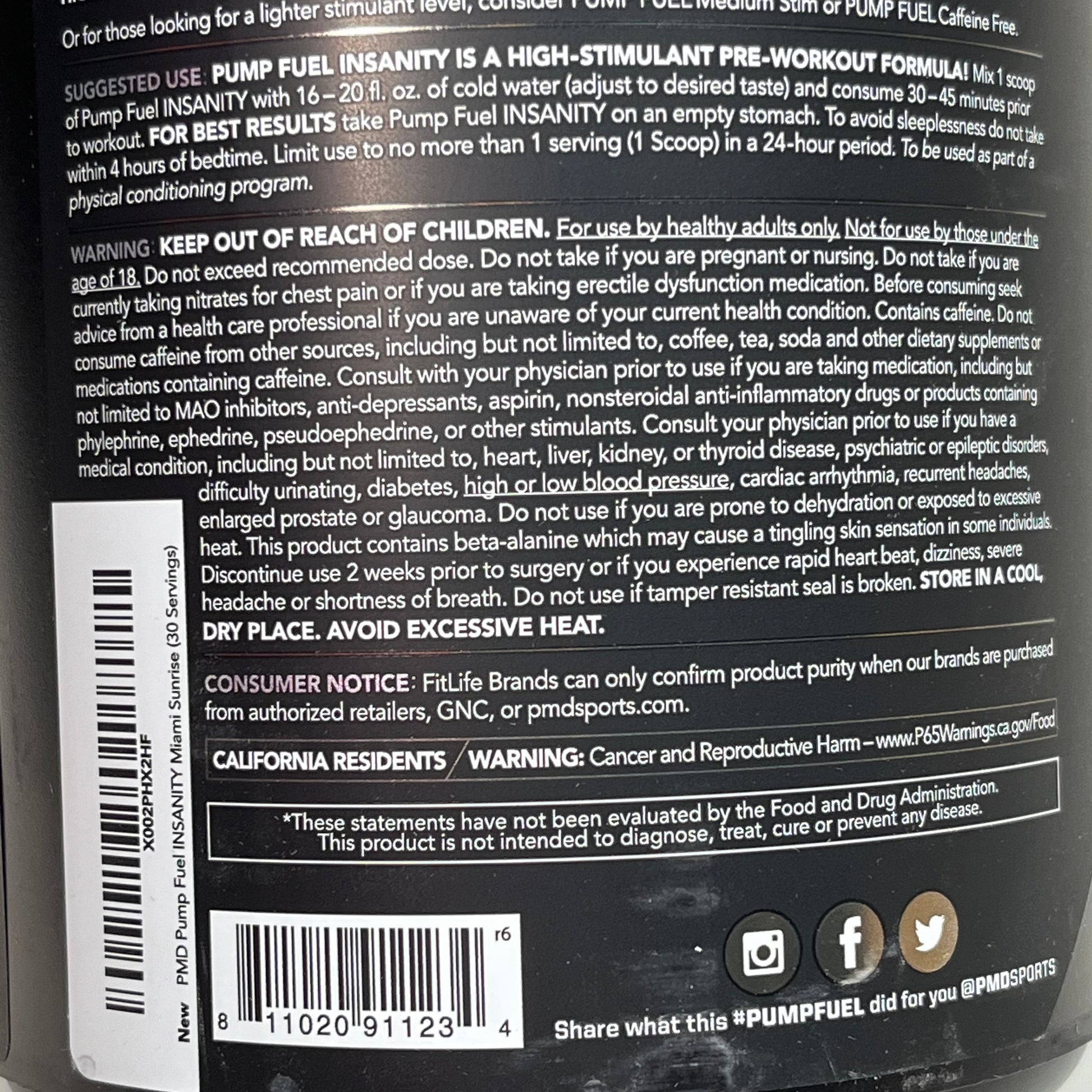 PMD Ultra Pump Fuel Insanity PreWorkout Miami Sunrise 930g Black Exp