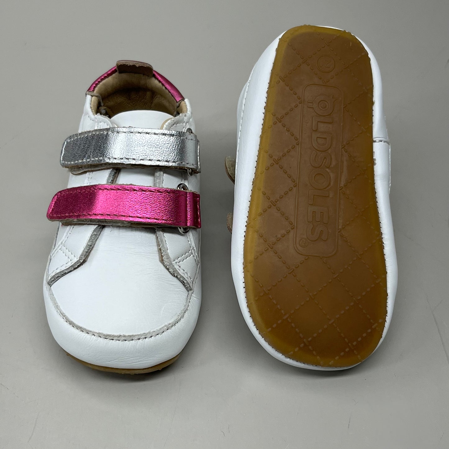 OLD SOLES Baby 2 Straps Leather Shoe Sz 4 EU 20 Snow/Fuchsia Foil/Silver #0060R