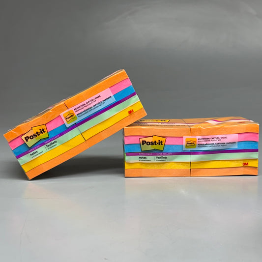POST-IT (2 PACK of 12, 24 Total Pads) Super Sticky Post-it Notes 3" x 3" Rainbow