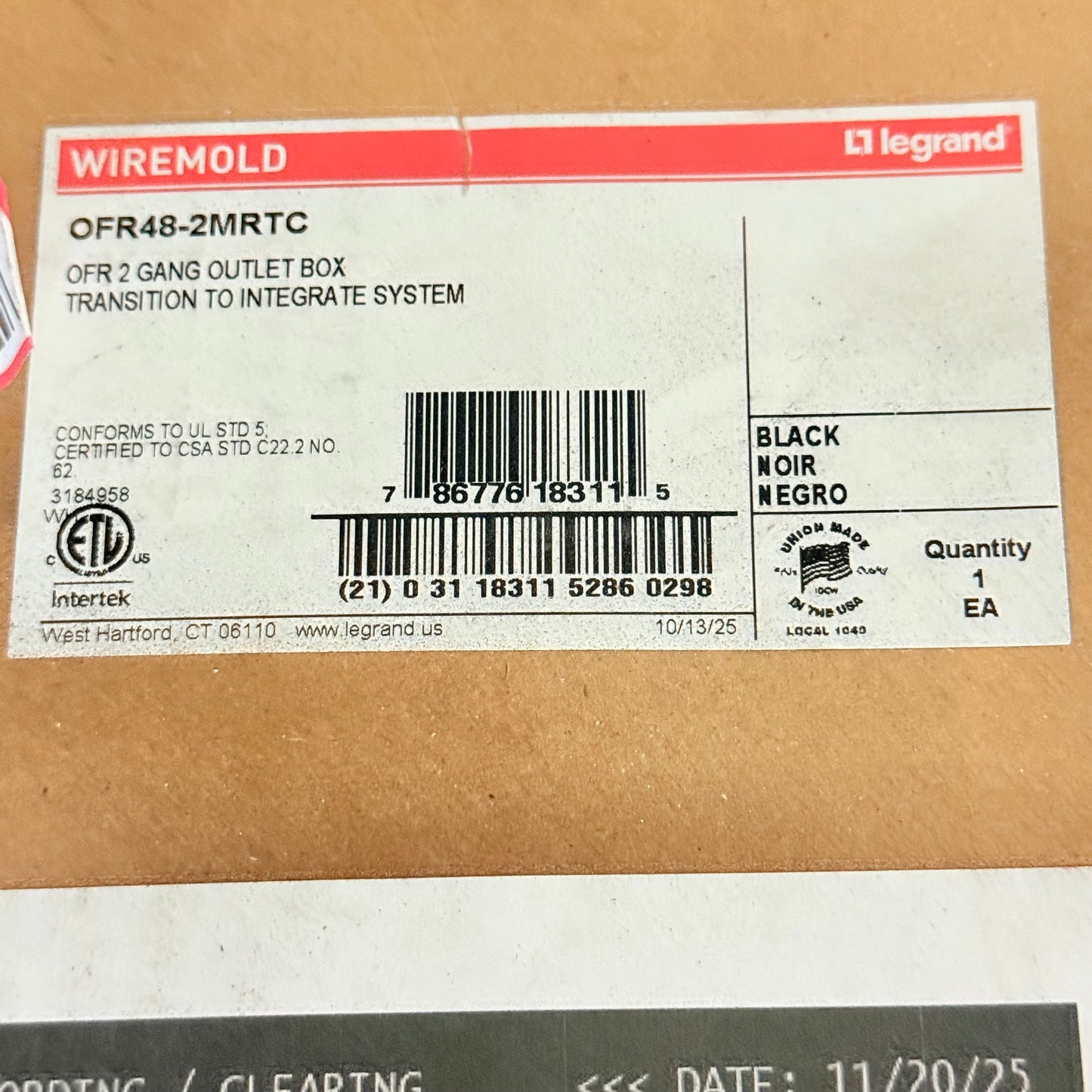 LEGRAND Wiremold OFR48-2MRTC Over Floor 2 Gang Outlet Box Transition Black