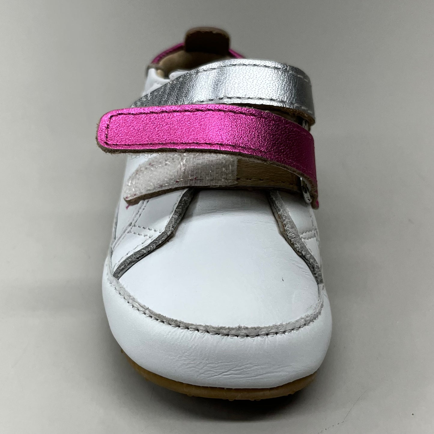 OLD SOLES Baby 2 Straps Leather Shoe Sz 4 EU 20 Snow/Fuchsia Foil/Silver #0060R