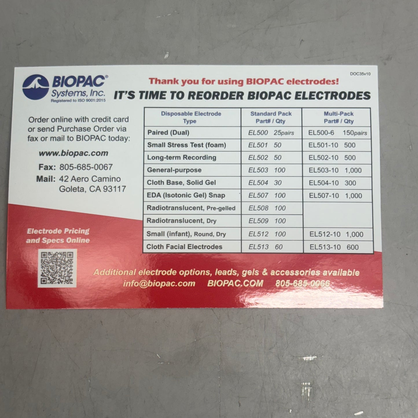 BIOPAC SYTEMS INC. () EDA Electrode 100 electrodes EL507A