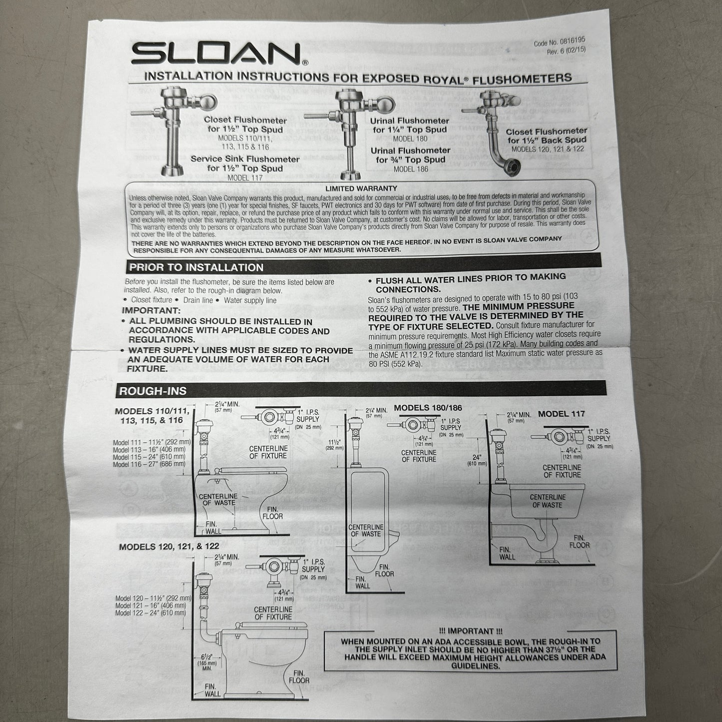 SLOAN Urinal Flushometer Royal Model: 186-1