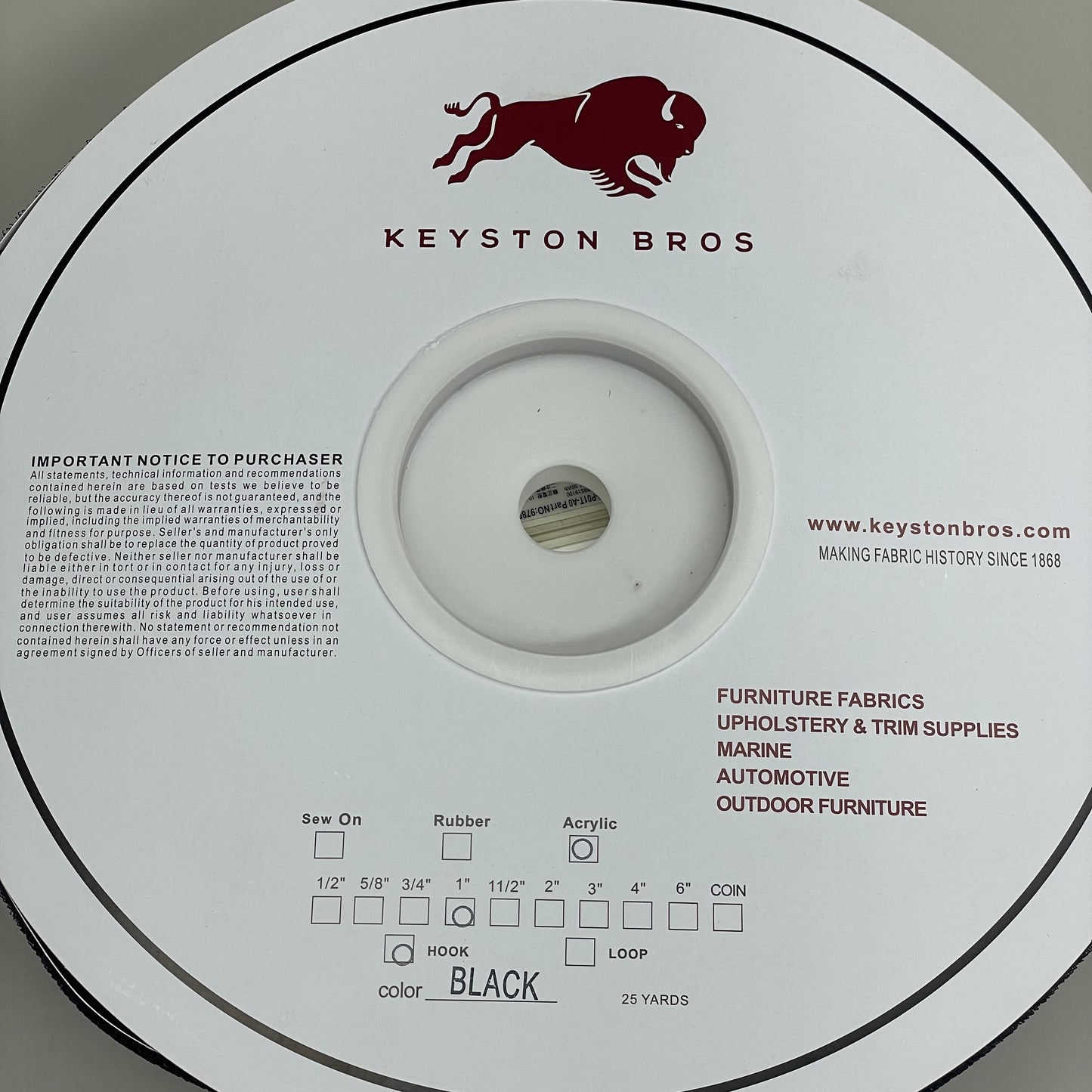 KEYSTON BROS 1" Pressure Sensitive Acrylic Based Adhesive Hook 25 yds Black KY1HBHT