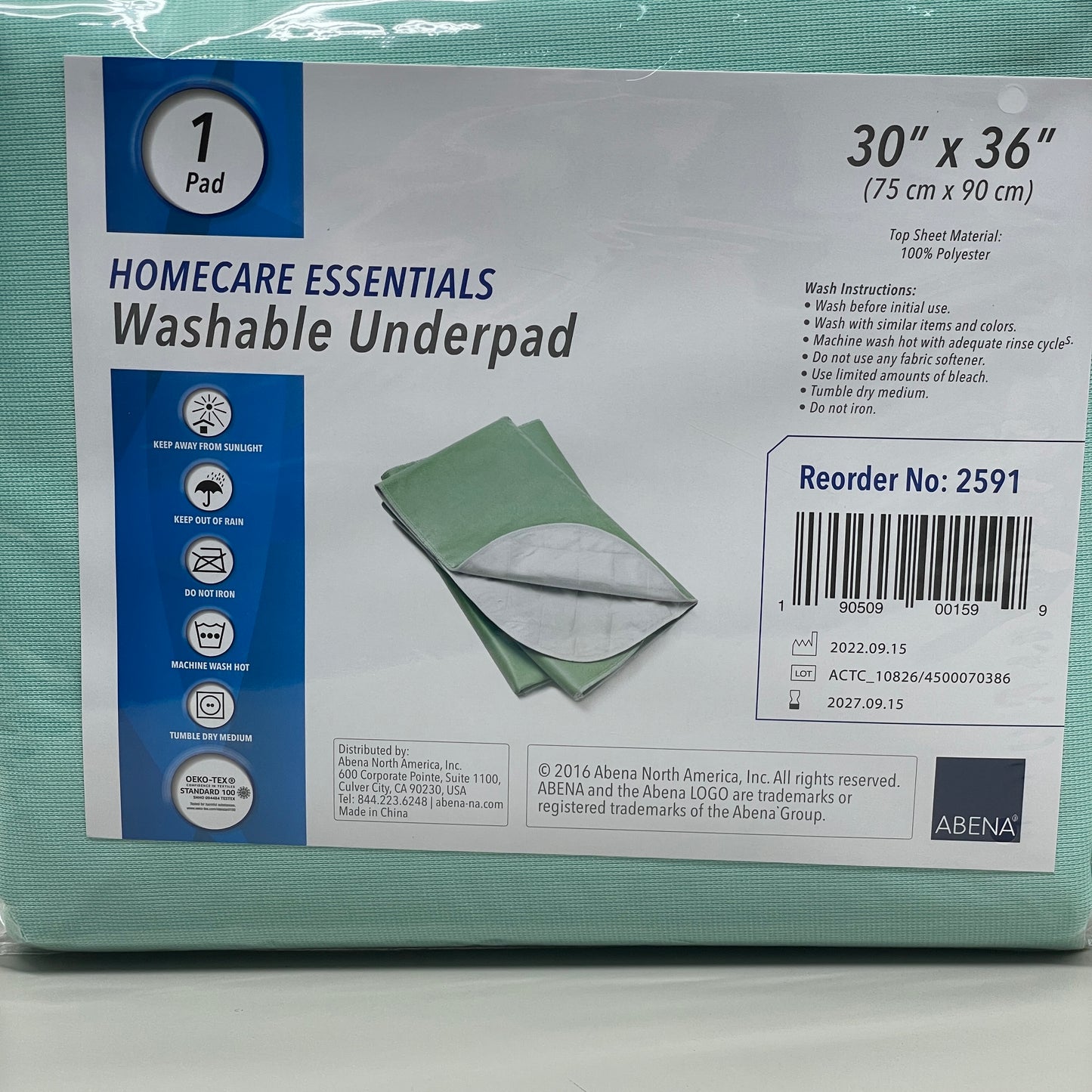 ABENA Home Care Essentials (10 PACK) Washable Bed Underpad 30"x36" Teal 2591