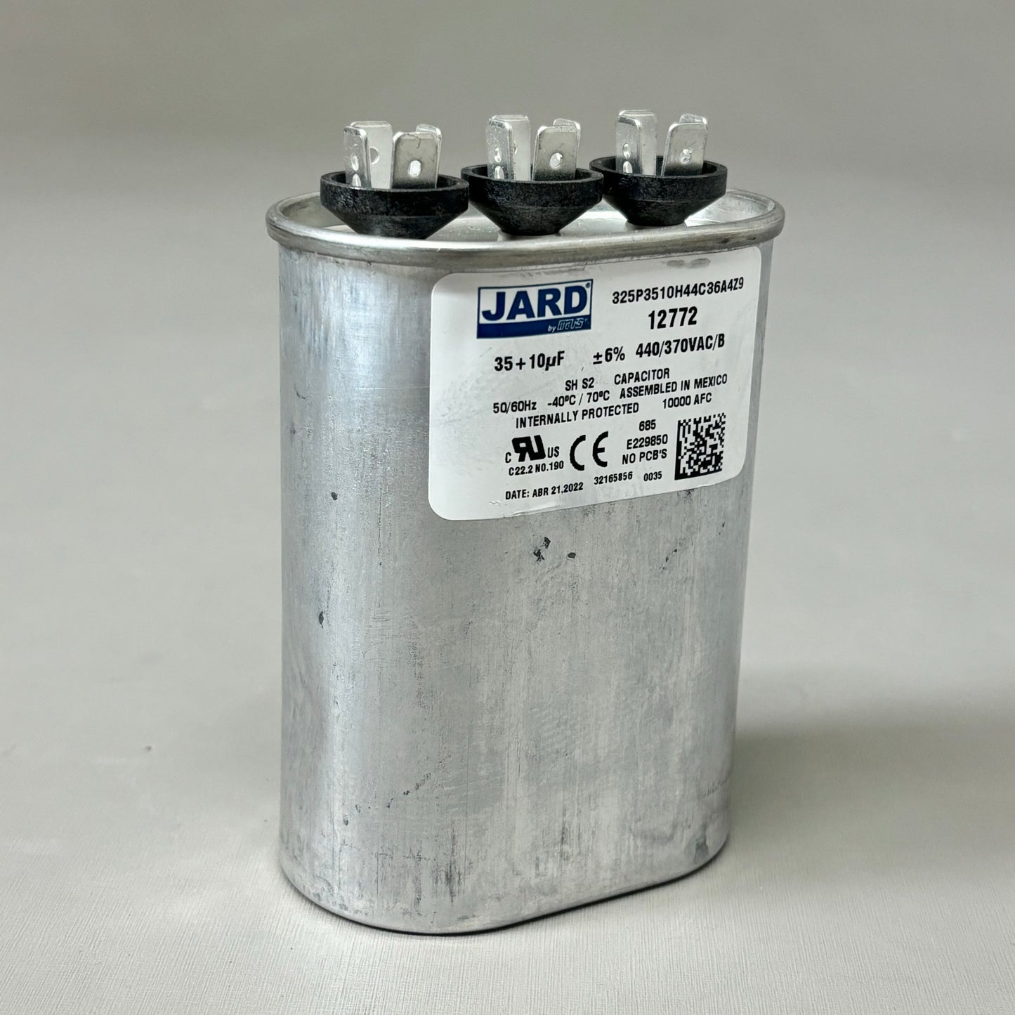 MARS JARD Motor Run Capacitor Oval 440/370VAC 35+ 10 MFD 4 Terminals Grey 12772