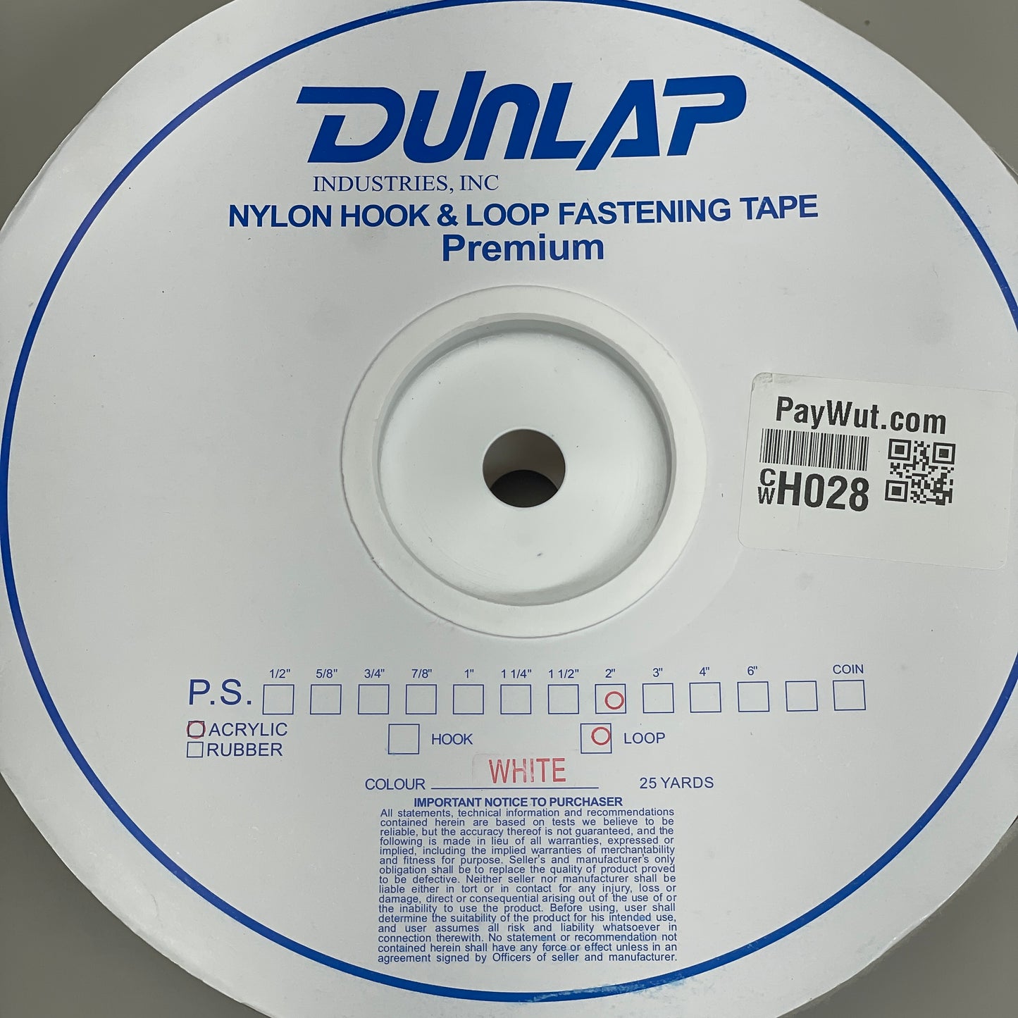 DUNLAP 2" Pressure Sensitive Acrylic Based Adhesive Loop White 25 yd Roll KY2LWHT