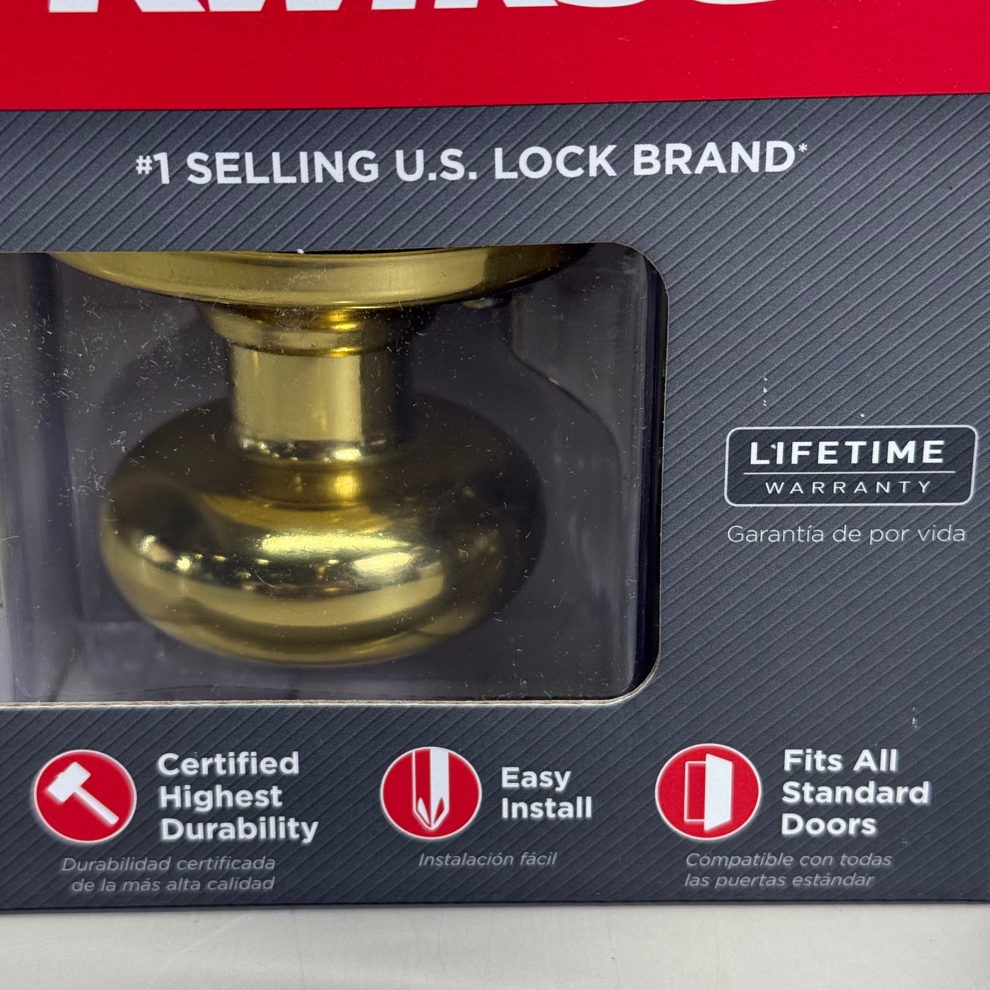 KWIKSET Bed & Bath Door Knob w/ Microban Polished Brass 97300-827