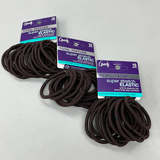 GOODY 3 Sets of 15! Super Stretch Elastic for Natural/Thick Hair 45 CT Brown 3001163 (New)