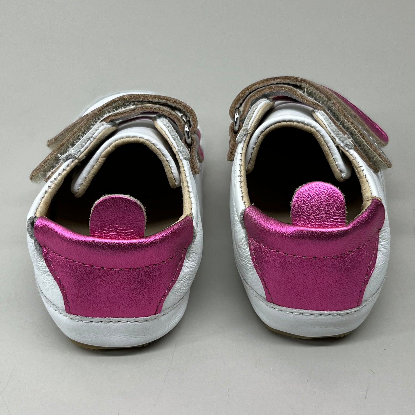 OLD SOLES Baby 2 Straps Leather Shoe Sz 4 EU 20 Snow/Fuchsia Foil/Silver #0060R