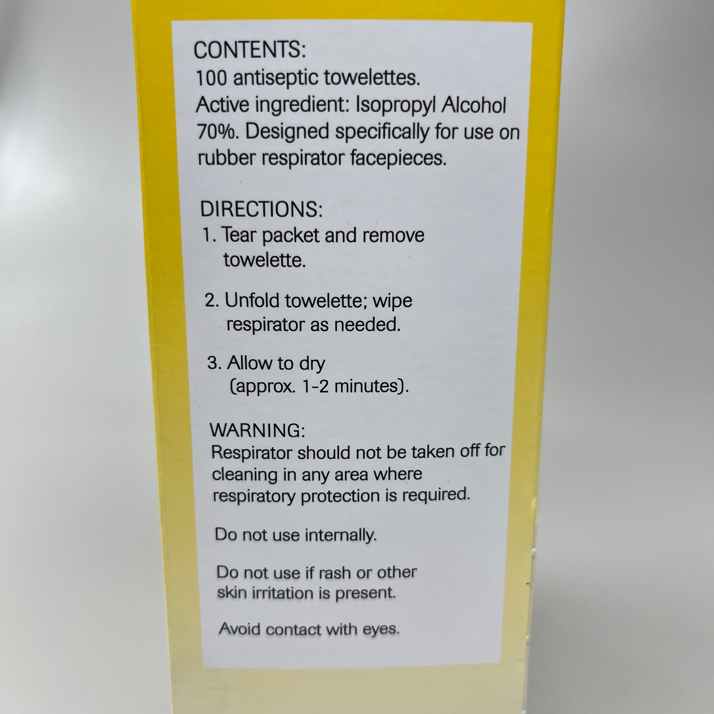 CONDOR Non-Alcoholic Personal Respirator Cleaning Pad 100 Pads Yellow 22PN88 (New)