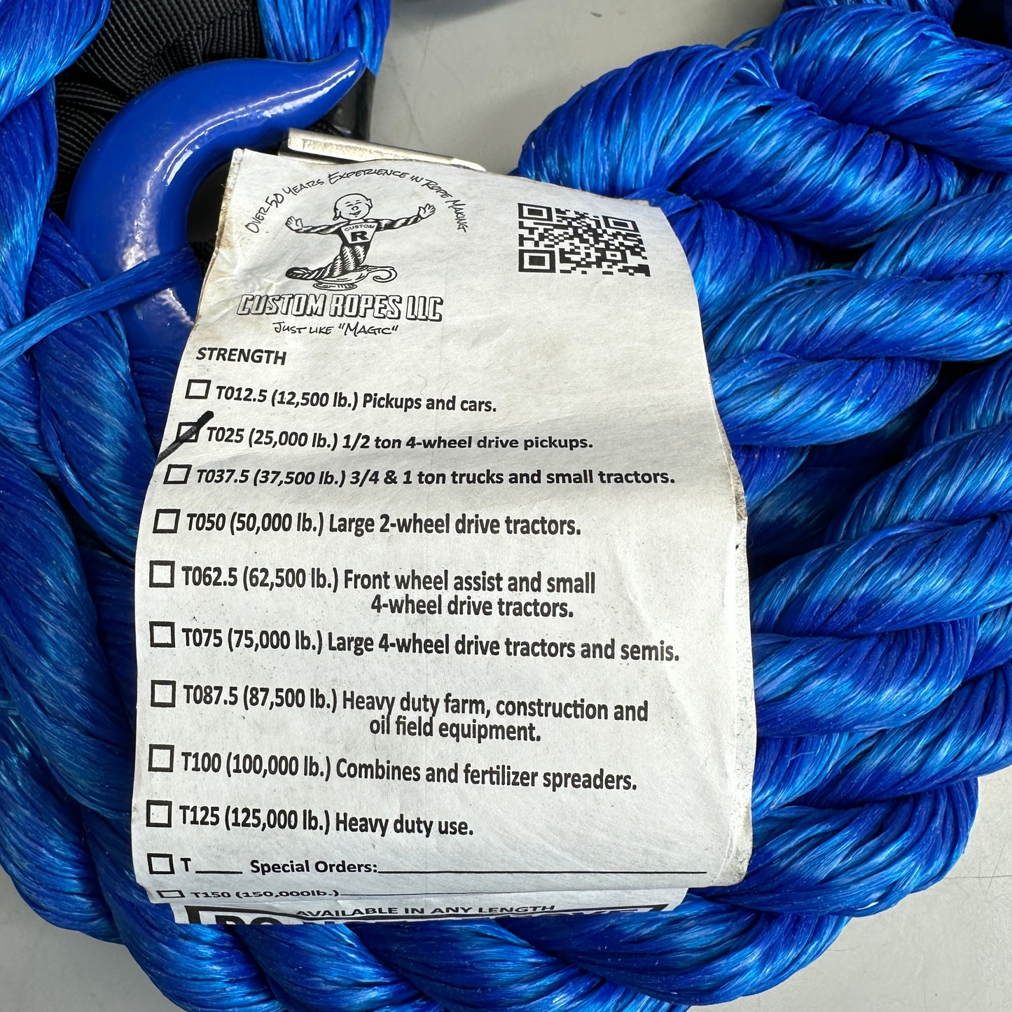 CUSTOM ROPES Tow Rope 1/2 Ton Pickup Truck 25,000 lb Capacity Blue T025