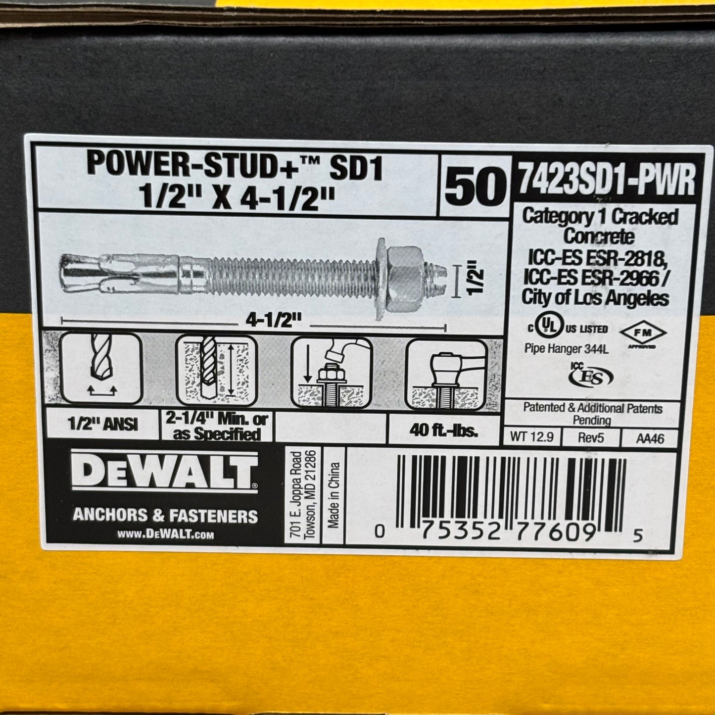 DEWALT Power-Stud+ SD1 Wedge Expansion Anchor 4-1/2" x 1/2"Threaded 7423SD1-PWR