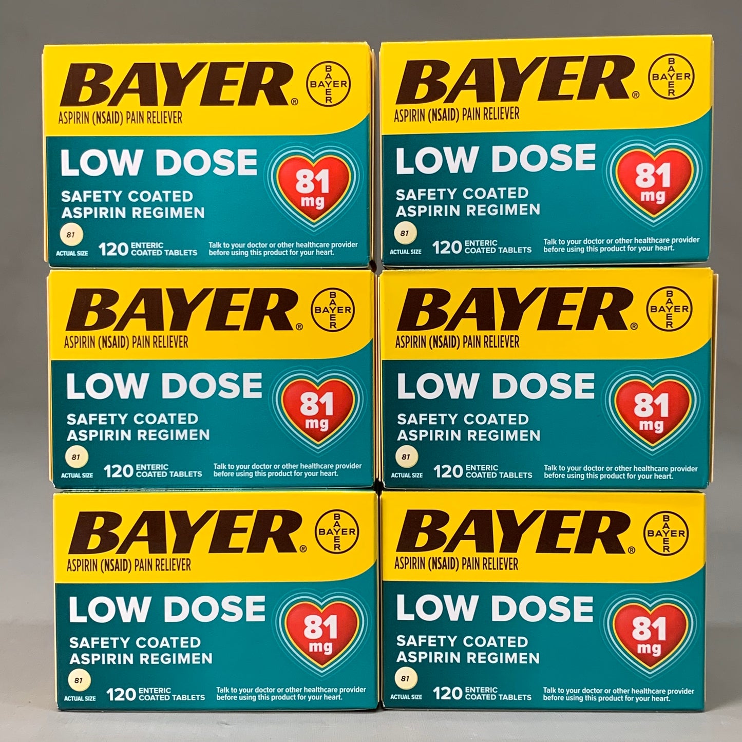 BAYER 6-PACK Aspirin Pain Reliever Low Dose 120 Tablets 81 mg BB 11/24