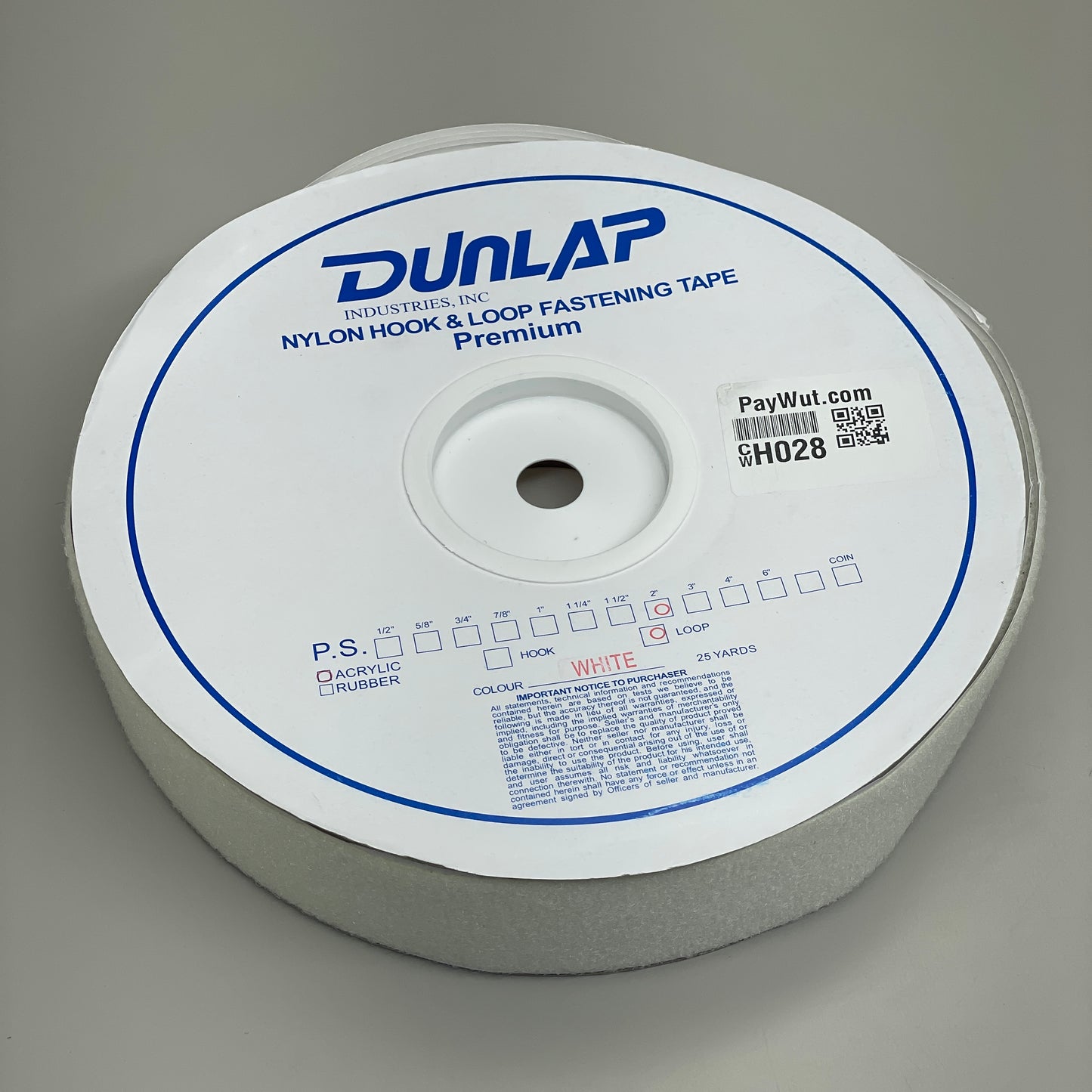 DUNLAP 2" Pressure Sensitive Acrylic Based Adhesive Loop White 25 yd Roll KY2LWHT