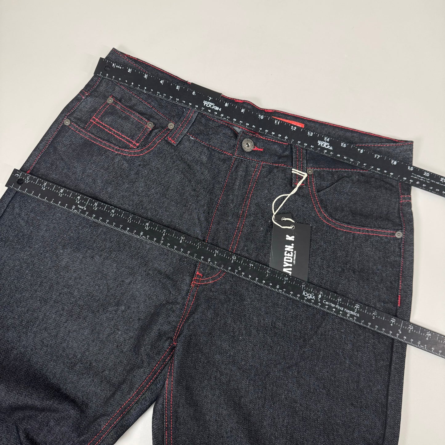 KAYDENK Raw Loose Fit Unwashed Denim Contrast Stitch Jean Men SZ 38/30 Black/Red