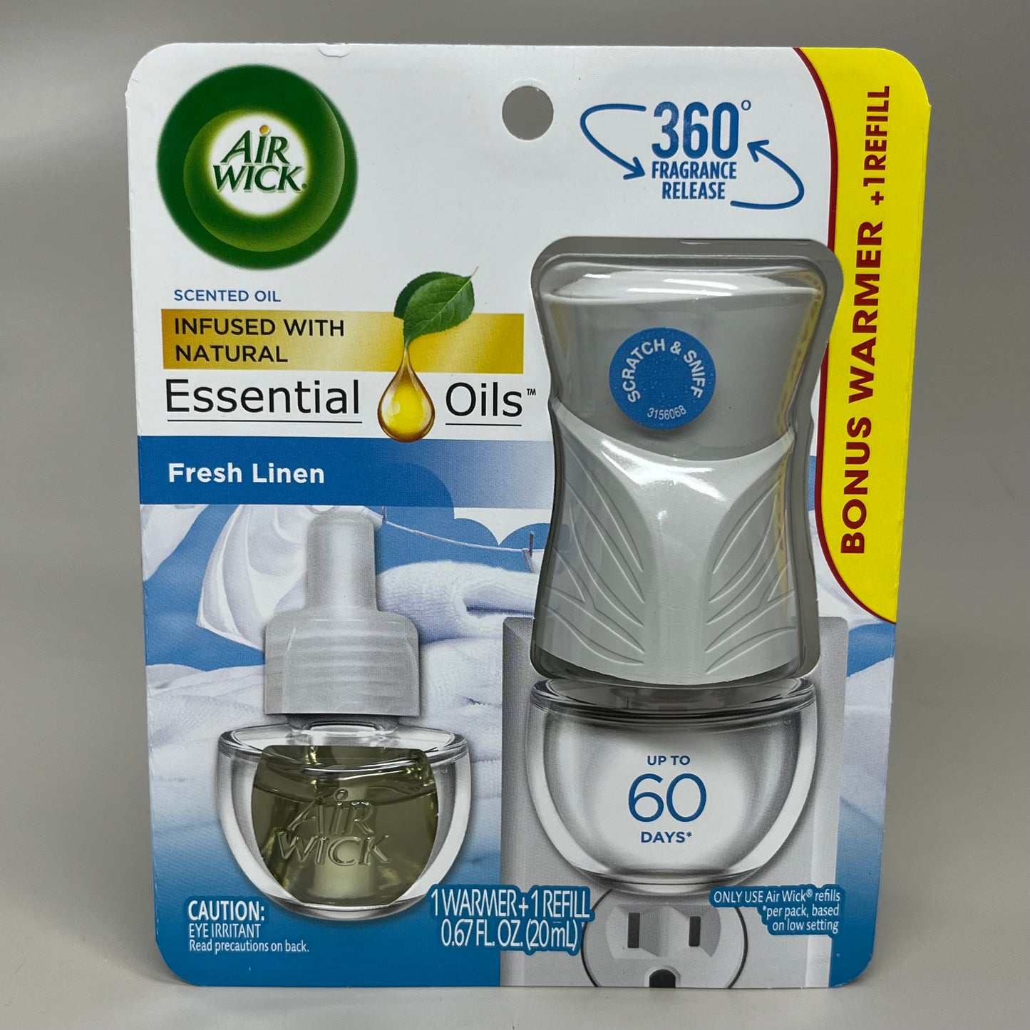 AIR WICK Plug in Air Freshener w/ Fresh Linen scent & essential oils .67 fl oz. / 20 ml (New)