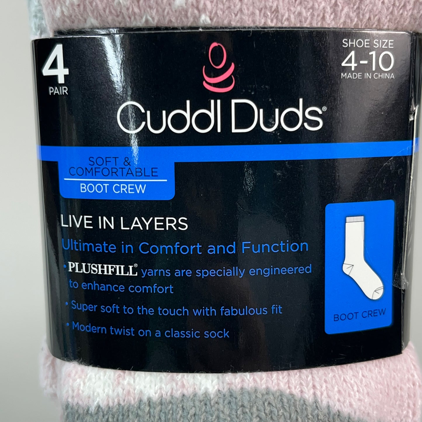 CUDDLE DUDS Soft Boot Crew Socks Plushfill 4 Pair Sz 4-10 Pink Ivory (New)