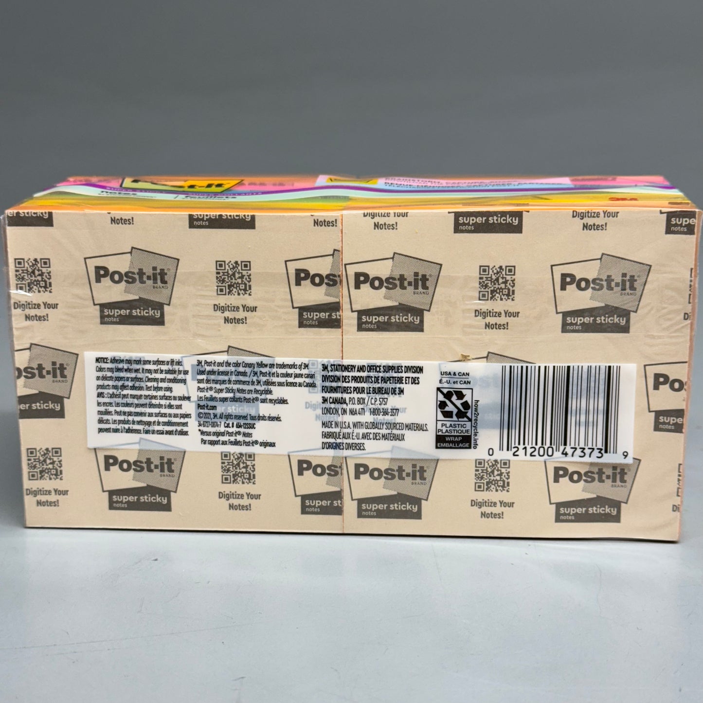 POST-IT (2 PACK of 12, 24 Total Pads) Super Sticky Post-it Notes 3" x 3" Rainbow