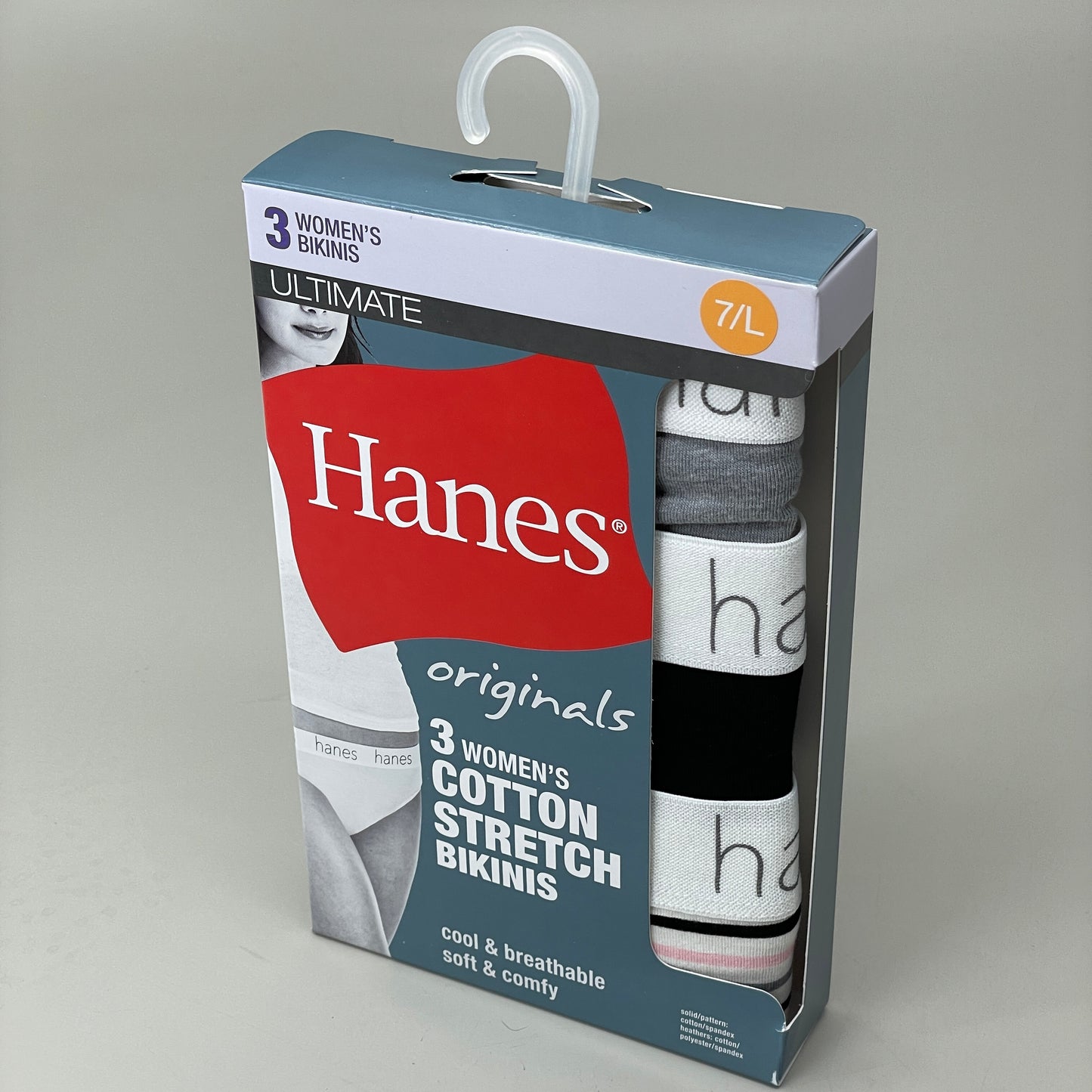 HANES 3 PACK!! Originals Women's Breathable Cotton Bikini Underwear Sz 7/L Black/Heather/Stripe 45OUBK