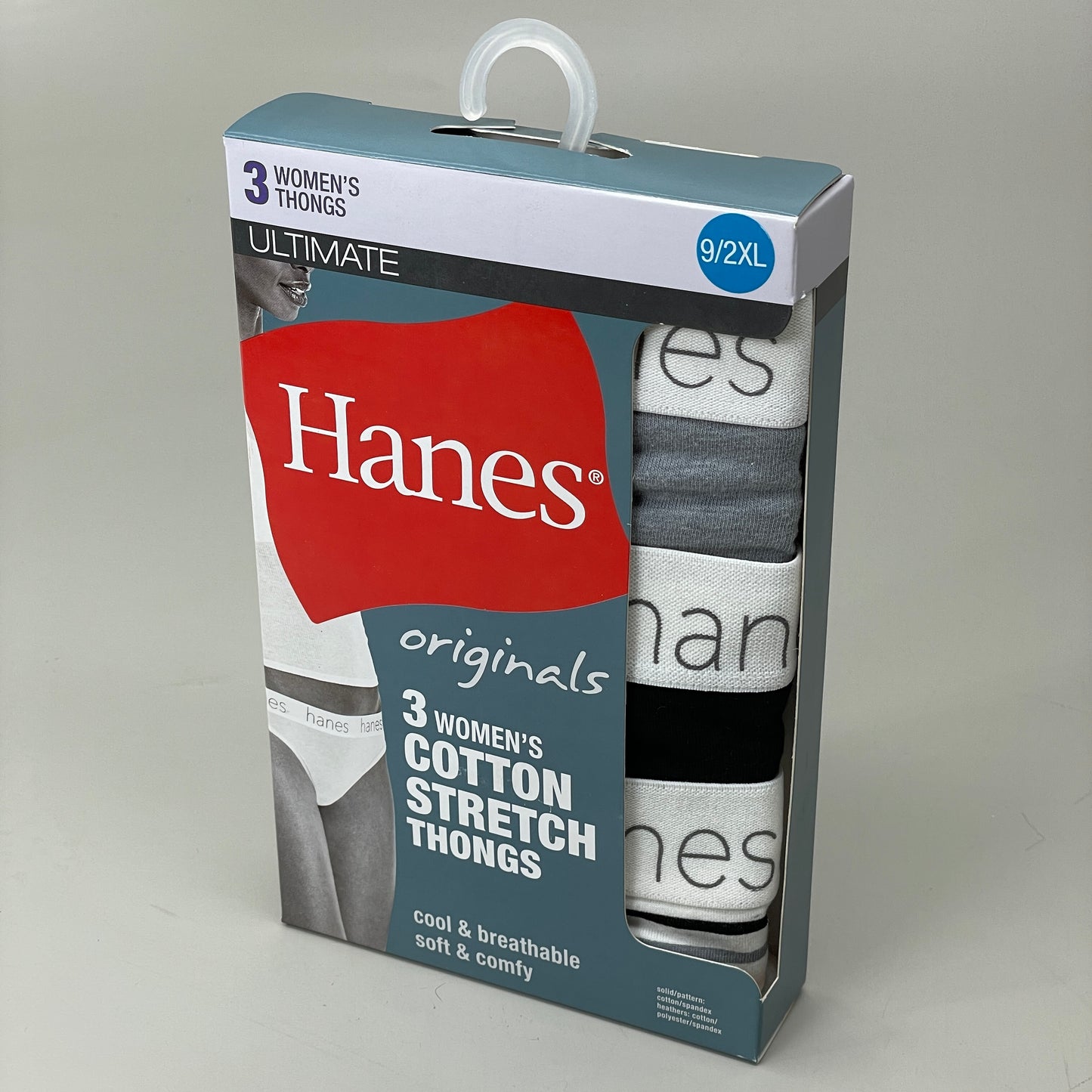 HANES 3 PACK!! Originals Women's Breathable Cotton Stretch Thongs Underwear Sz 9/2XL Black/Heather/Stripe 45U0BT