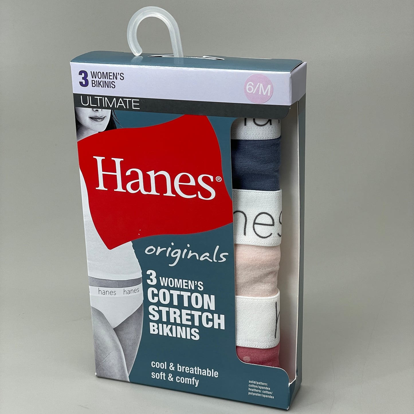 HANES 3 PACK!! Originals Women's Breathable Cotton Bikini Underwear Sz 6/M Blue/Buff/Pink 45UOBK