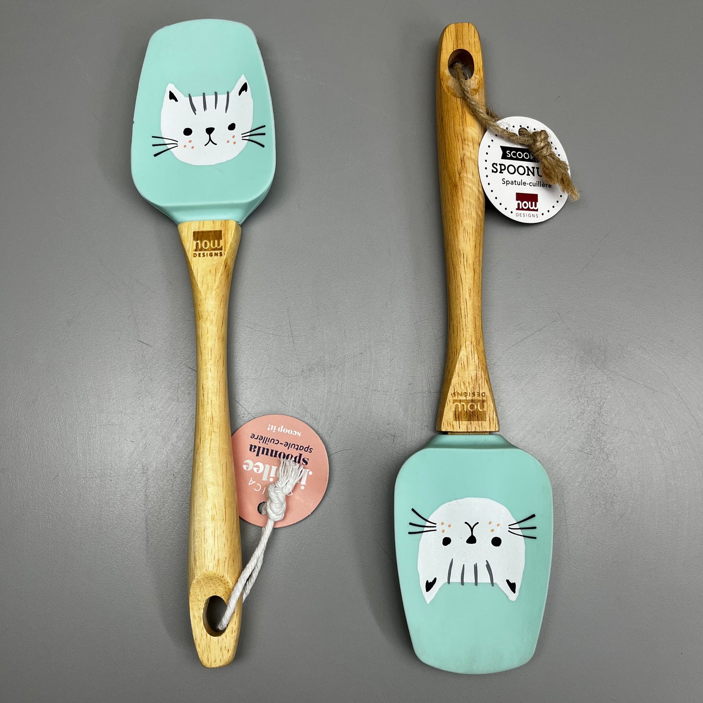 NOW DESIGNS 2-PACK! Cats Meow Rubber Spoonula Wooden Handle 10" Teal 5113002 (New)