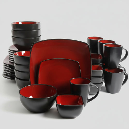 GIBSON SOHO  (40 PIECE SET) Lounge Square Dinnerware Set  Red/Black 128138.40R