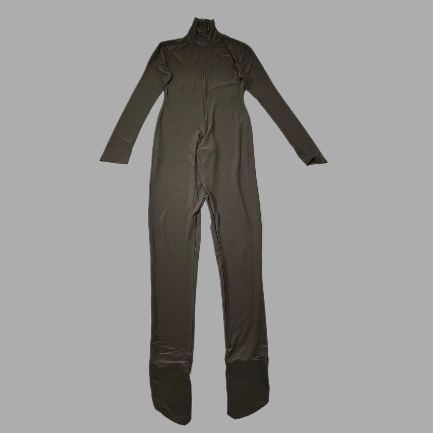 NORMA KAMALI Slim Fit Turtleneck Catsuit w/ Footsie Women's Sz XL/42 Chocolate