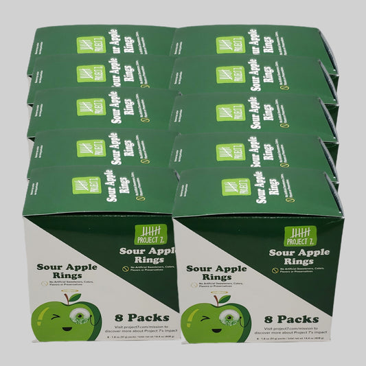 PROJECT 7 Sour Apple Rings 10 Boxes = 80 BAGS! 3 Grams of Sugar per Bag 8-1.8oz Exp 12/24 (New)