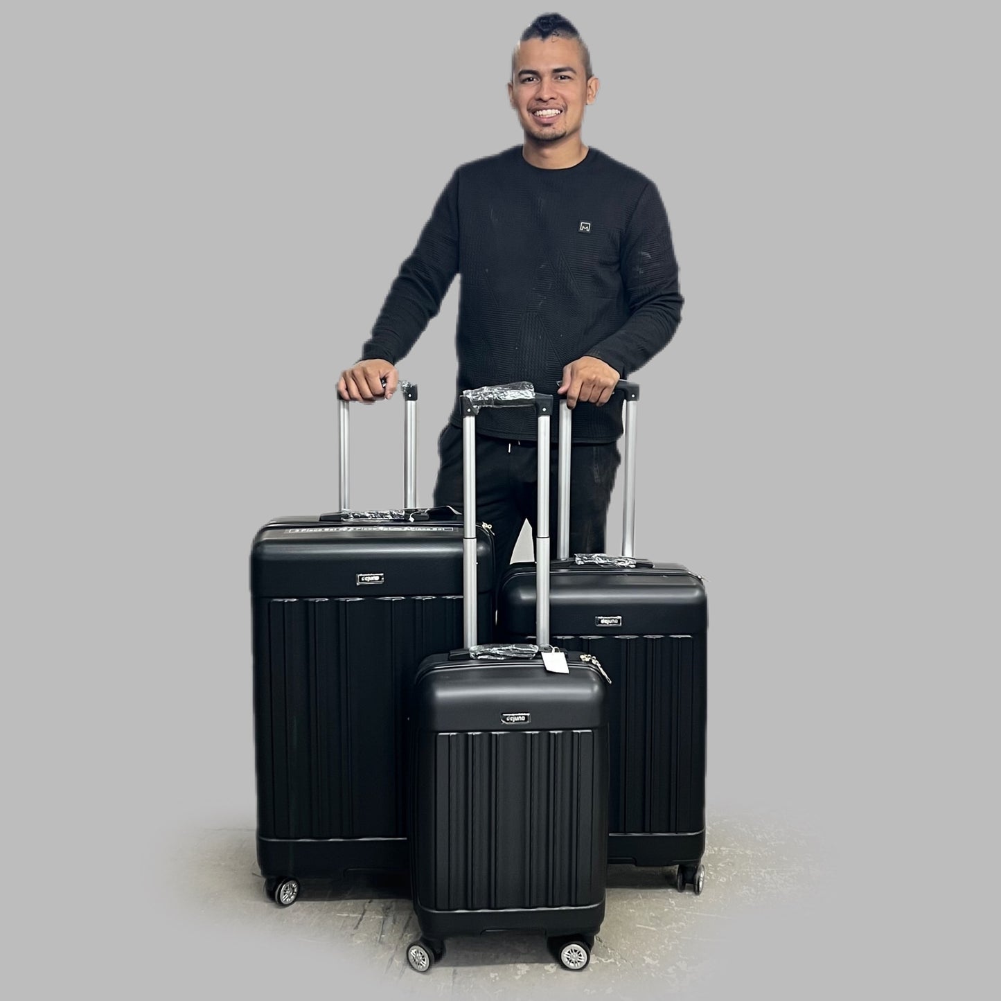 DEJUNO (3 PACK) Light Weight Expandable Spinner Rolling Suitcase Set BLACK