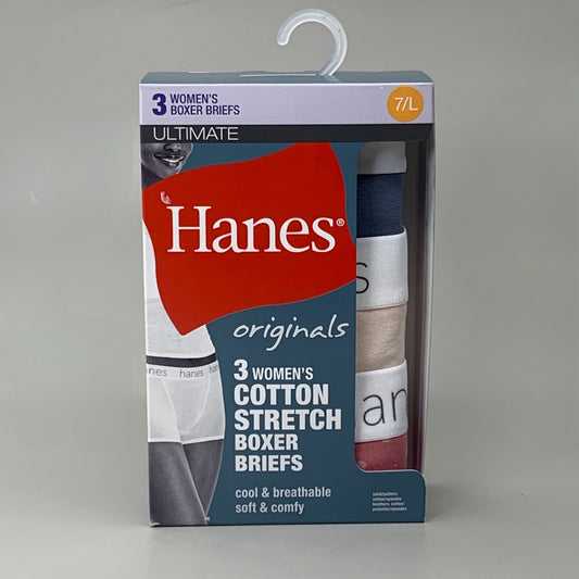 HANES 3 PACK!! Originals Women's Breathable Cotton Boxer Briefs Underwear Sz L Blue/Buff/Pink 45OUBB