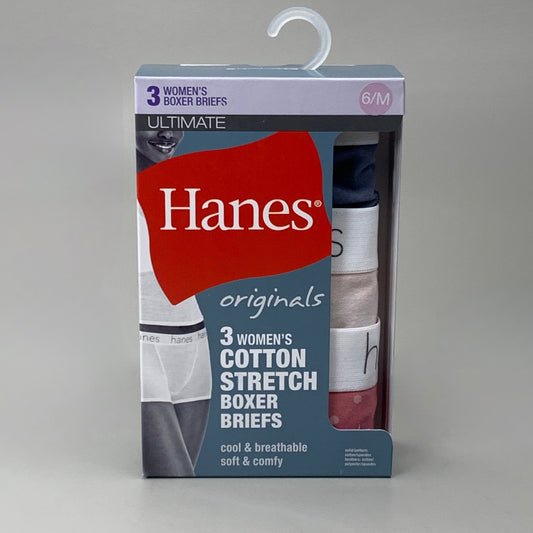 HANES 3 PACK! Originals Women's Breathable Cotton Boxer Briefs Underwear Sz M Blue/Buff/Pink 45OUBB