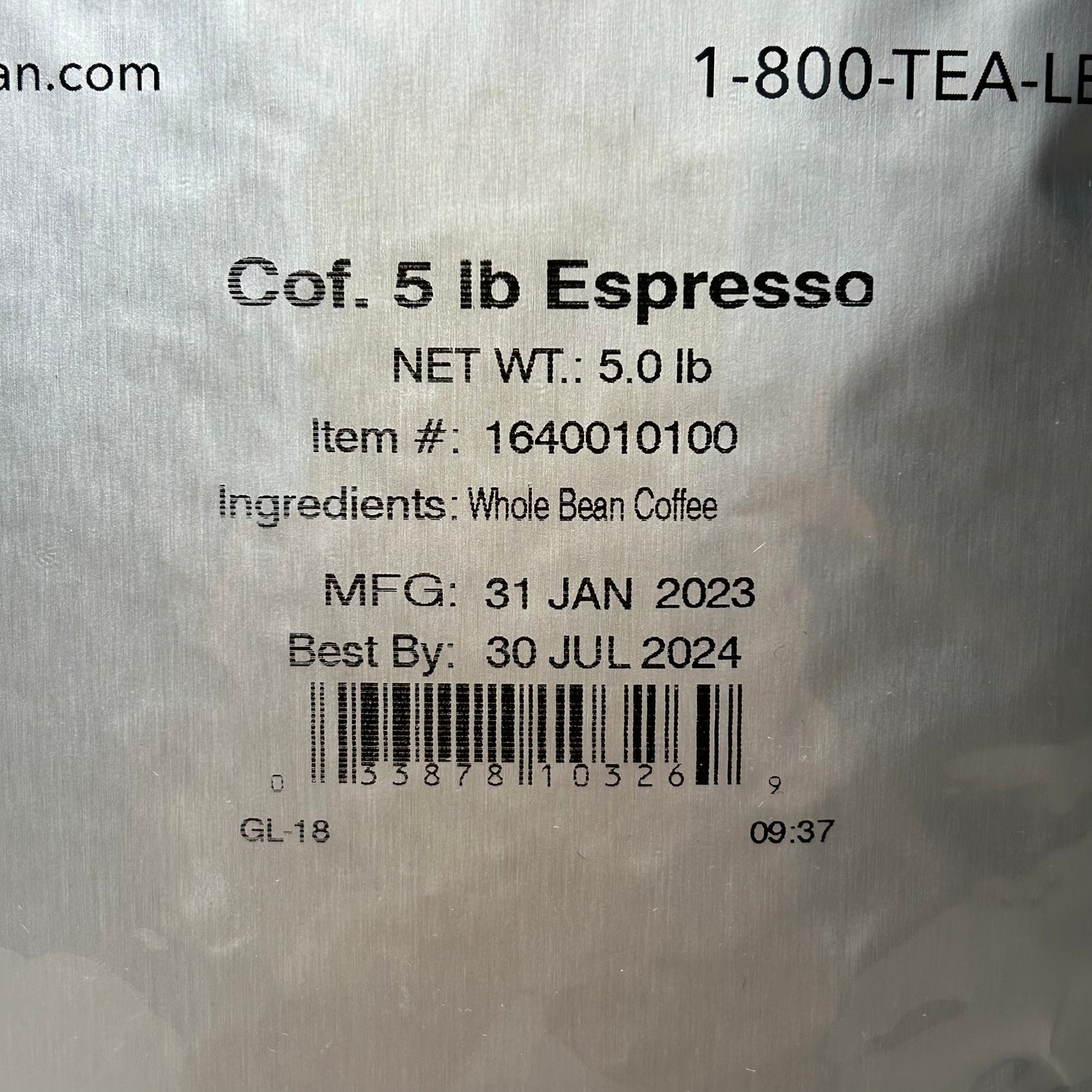 THE COFFEE BEAN & TEA LEAF 2-PACK! Espresso Whole Bean Coffee 5 lbs each (New)