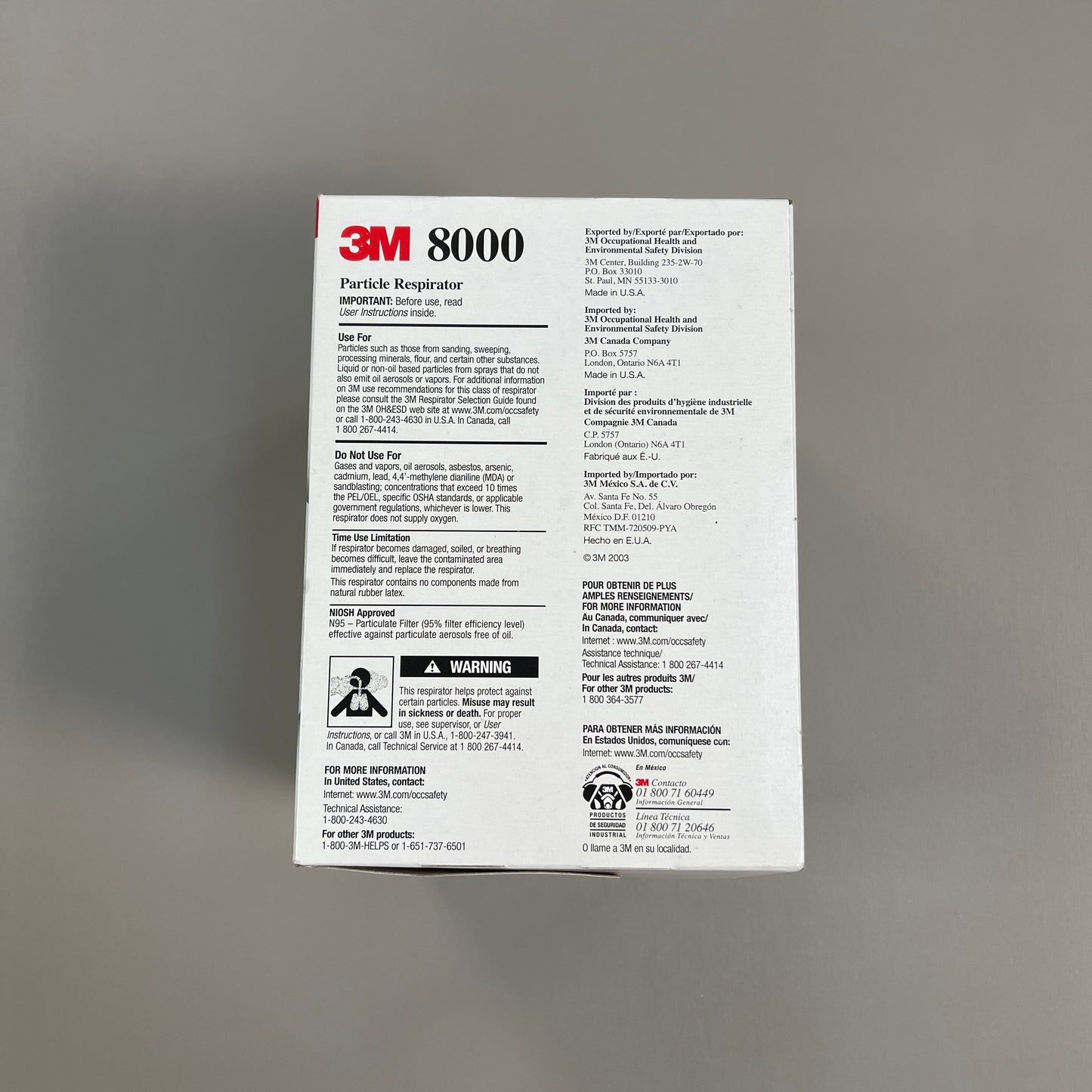 ZA@ 3M (3 PACK, 90 TOTAL) 8000 Particle Respirators N95 Mask 1289-03 USA (New) E