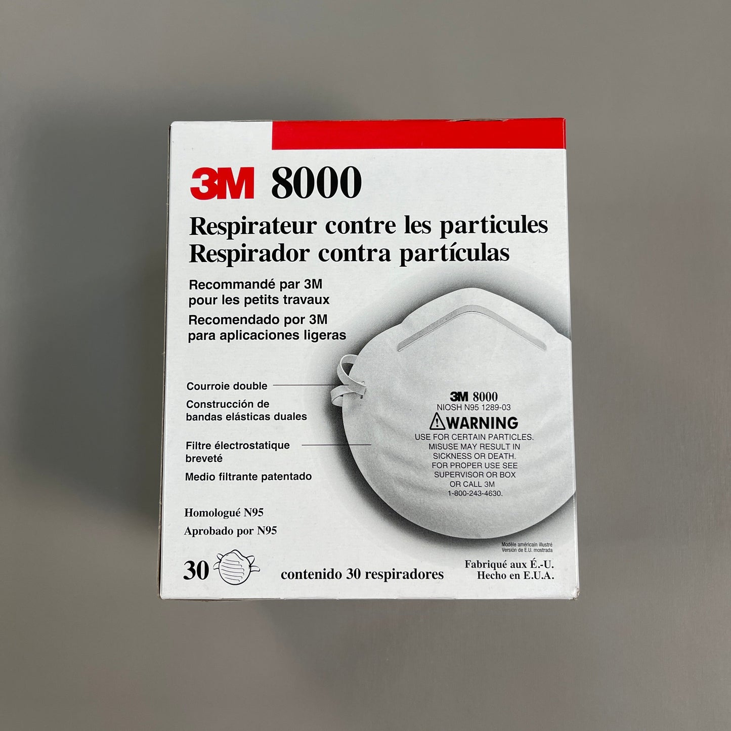 ZA@ 3M (3 PACK, 90 TOTAL) 8000 Particle Respirators N95 Mask 1289-03 USA (New) E