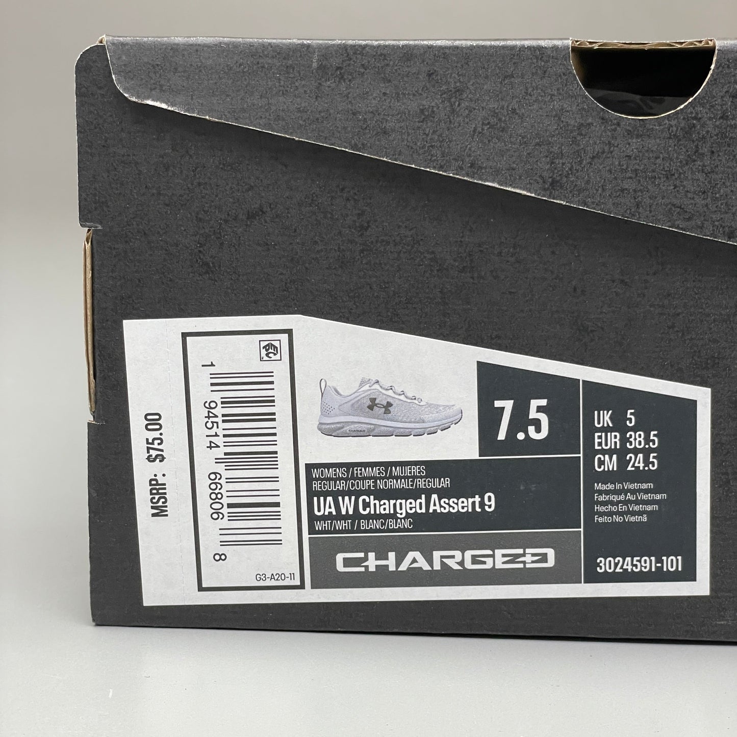 UNDER ARMOUR UA W Charged Assert 9 D Running Shoes Women's Sz 7.5 White 3024591-101 (New)