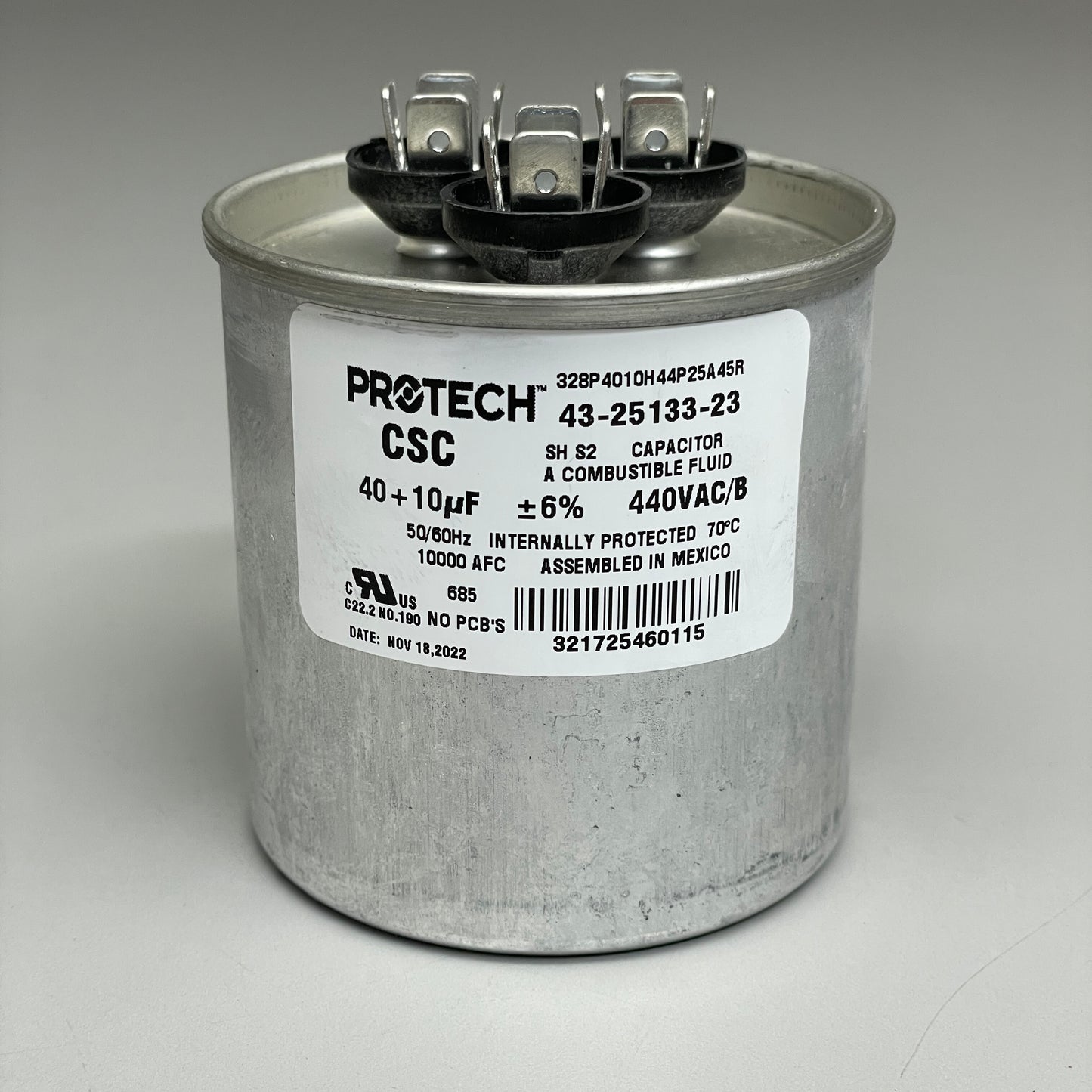 PROTECH Rheem Capacitor Dual Round Metal Finish 40/10/440 43-25133-23 (New)