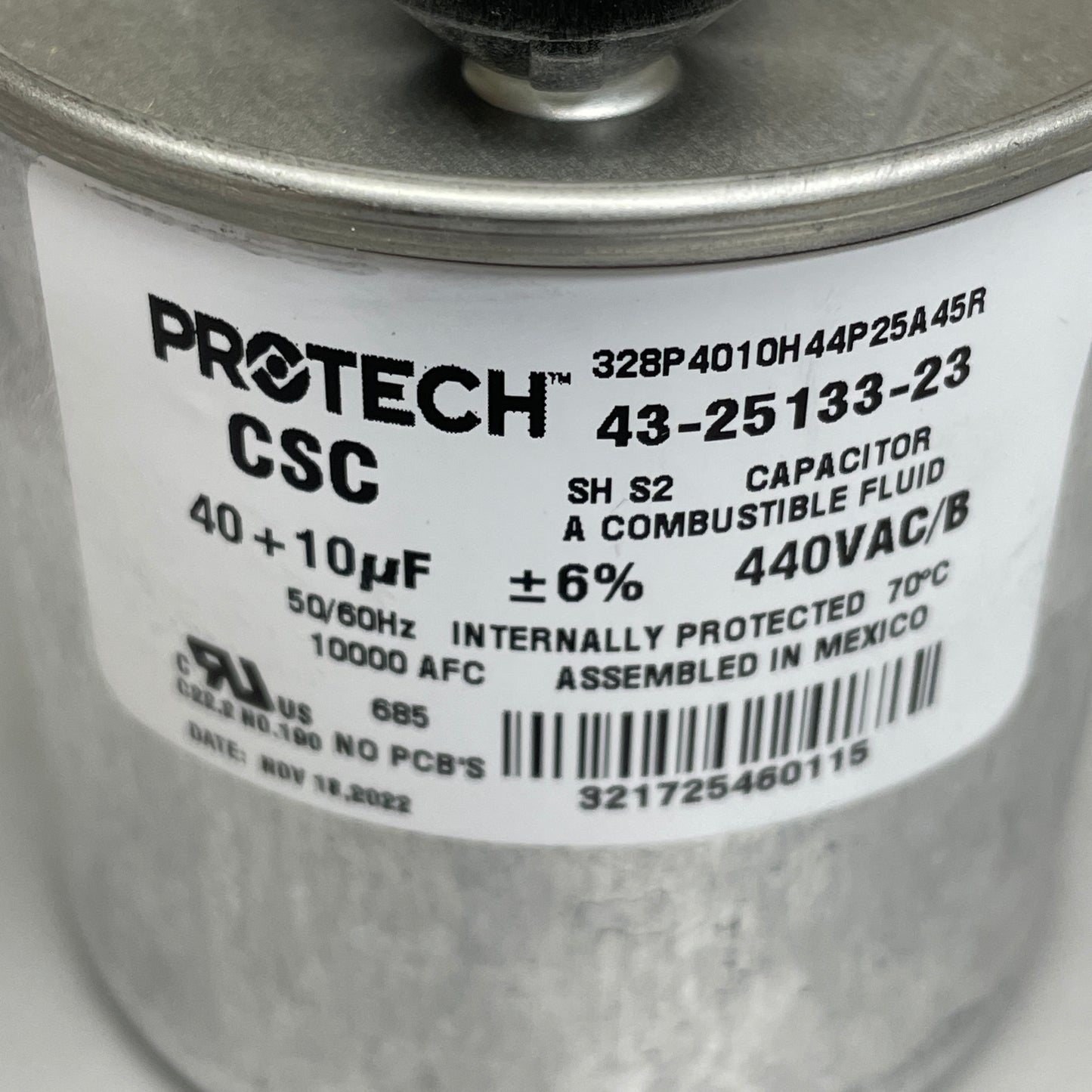 PROTECH Rheem Capacitor Dual Round Metal Finish 40/10/440 43-25133-23 (New)