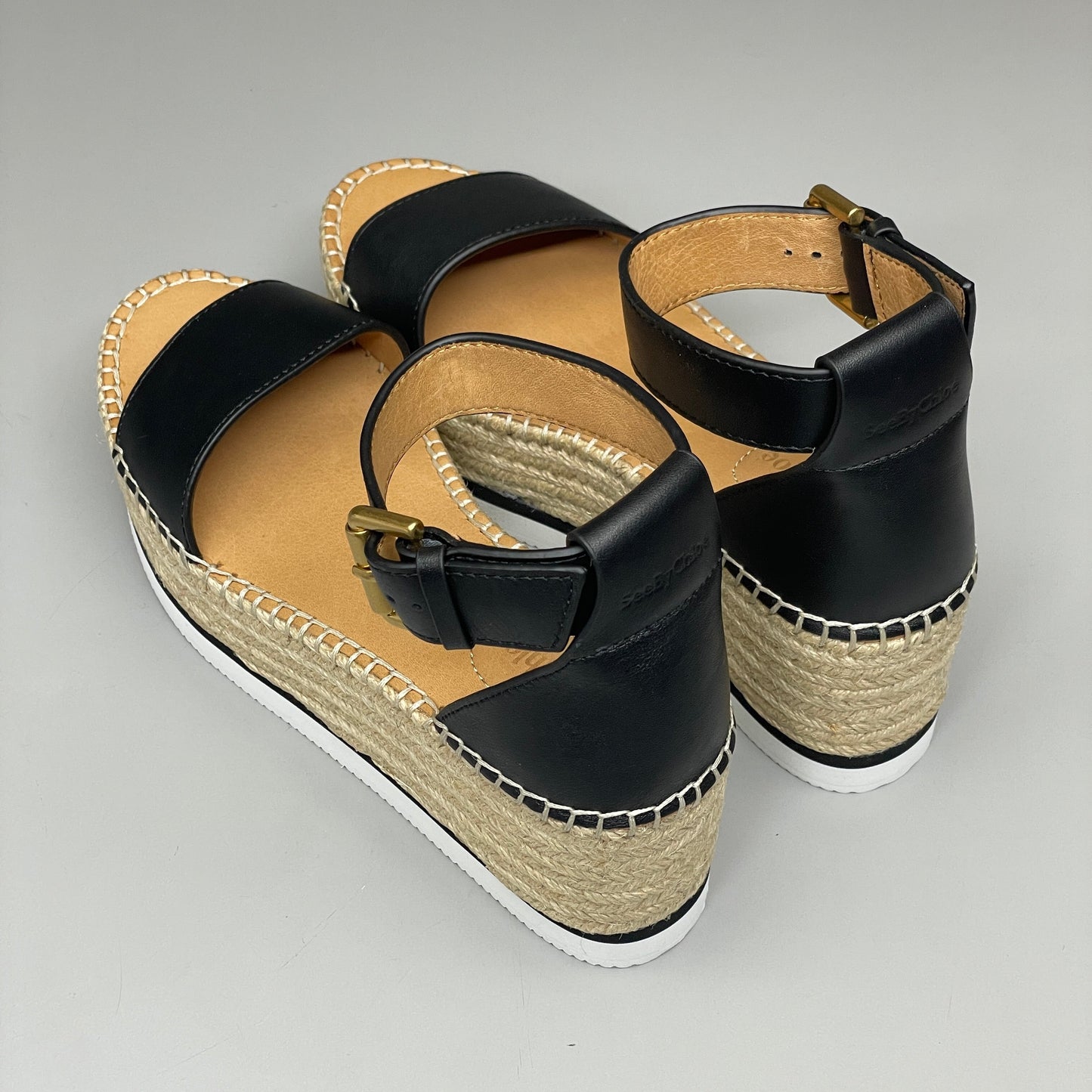 SEE BY CHLOÉ Glyn Calf Espadrille Platform Sandals Black Women's Sz 7 EU 37 SB32201A (New)