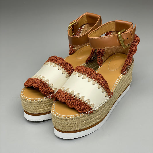 SEE BY CHLOÉ Glyn Espadrille Crocheted Edge Ankle-Strap Sandals Tan/Red Women's Sz 8 EU 38 SB38151A (New)