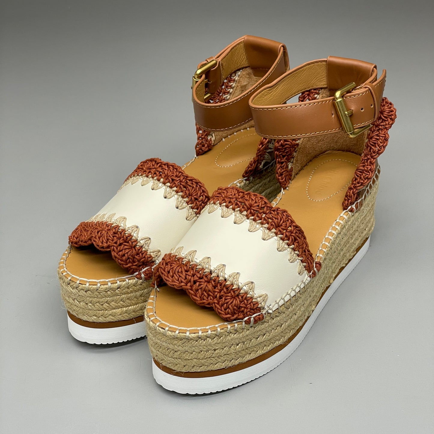 SEE BY CHLOÉ Glyn Espadrille Crocheted Edge Ankle-Strap Sandals Tan/Red Women's Sz 9 EU 39 SB38151A (New)