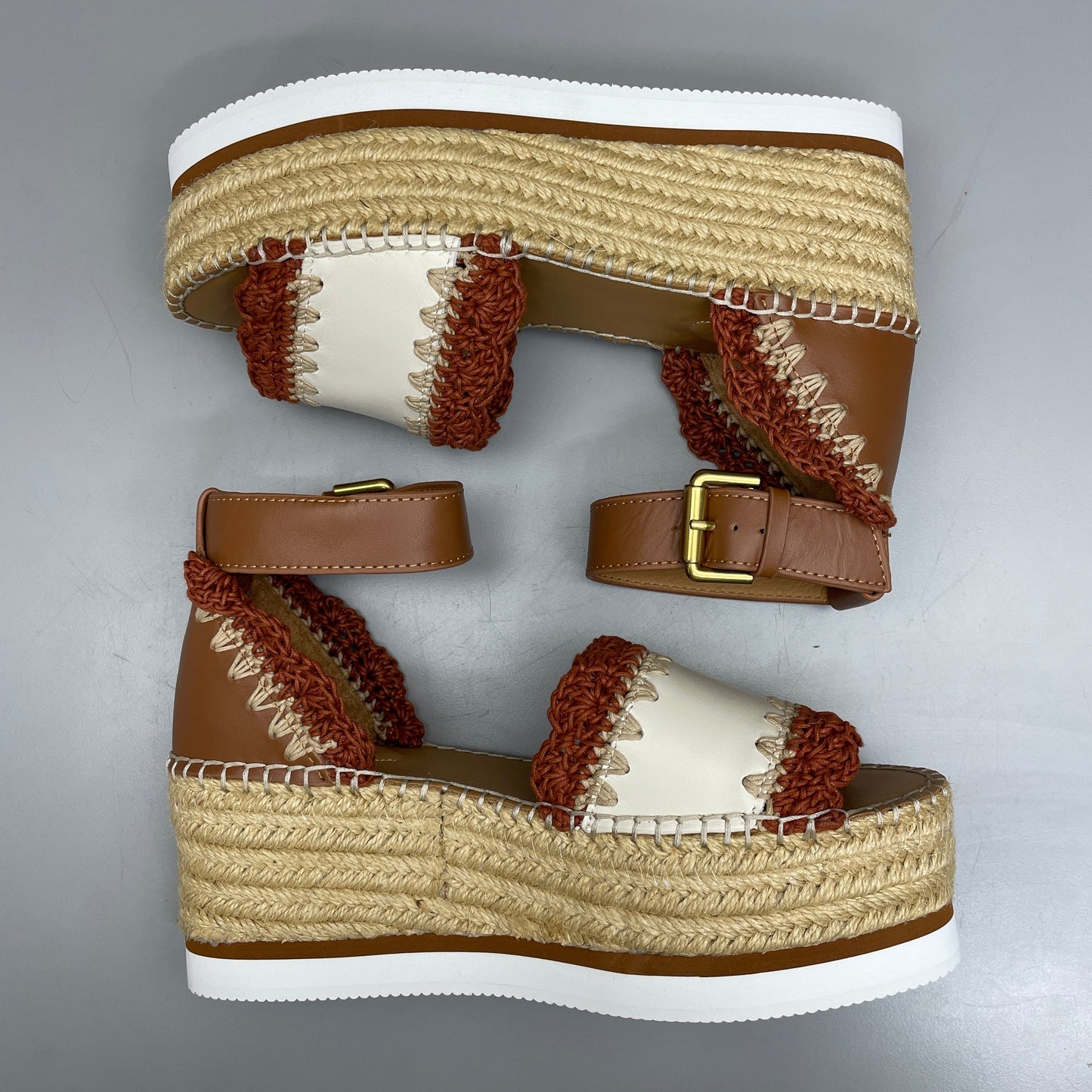 SEE BY CHLOÉ Glyn Espadrille Crocheted Edge Ankle-Strap Sandals Tan/Red Women's Sz 8 EU 38 SB38151A (New)